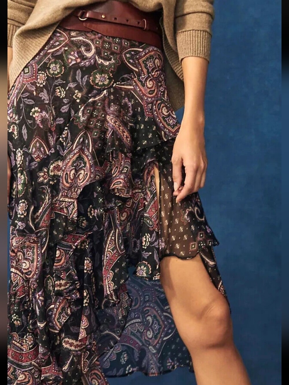 Misa Los Angeles Black Paisley High-Low Ruffle Skirt